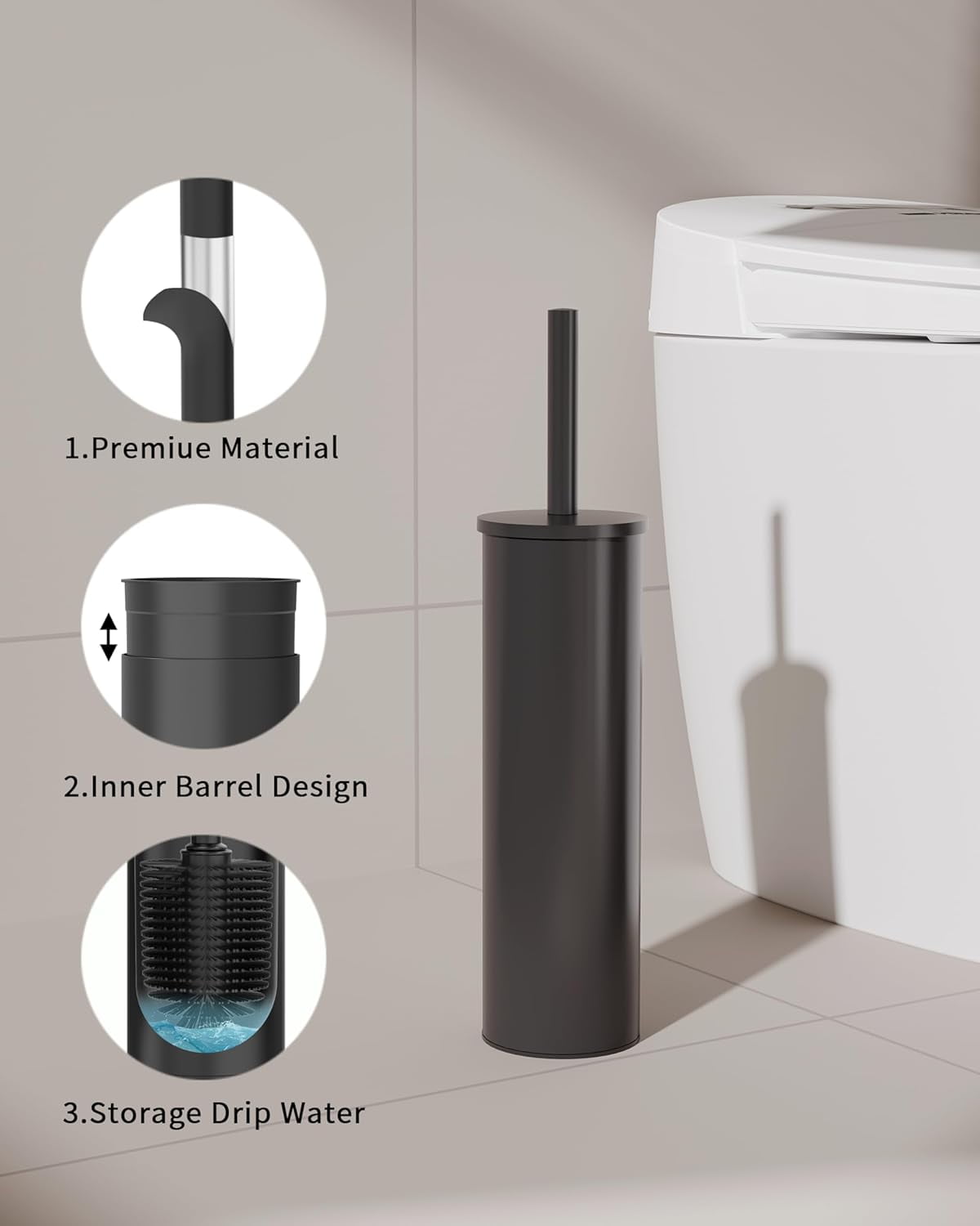 Toilet Brush and Holder Set, 2 Pack Toilet Bowl Brush with Caddy for Bathroom, Toilet Cleaner Brush with Stainless Steel Handle & Durable Bristles, Splash Proof（Matte Black）
