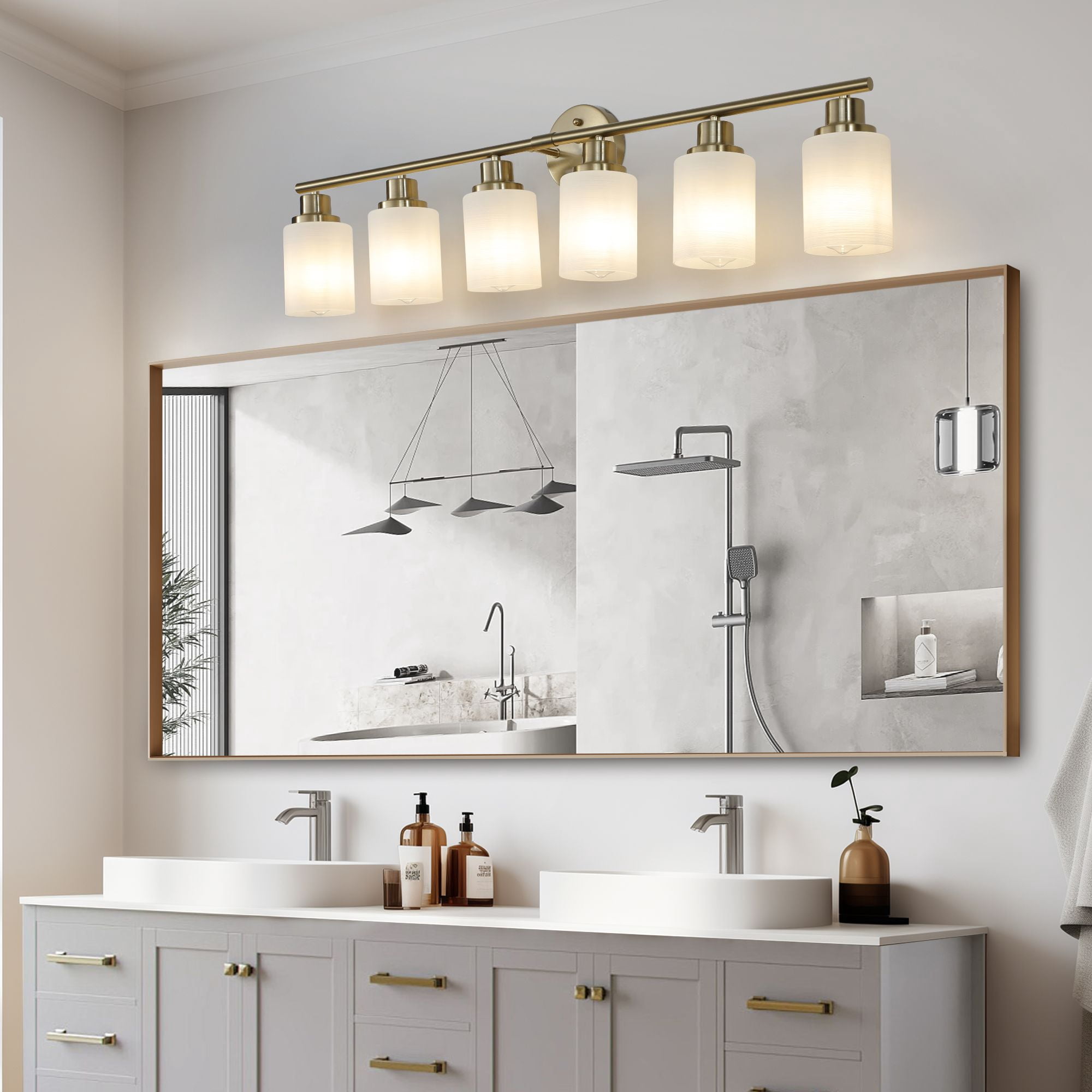 39 Inch Modern 6-Light Vanity Wall Sconce, Gold Finish Bathroom Light Fixture with Frosted Glass Shades, Hardwired Mirror Lighting for Bathroom Vanity or Hallway, Bulbs Not Included