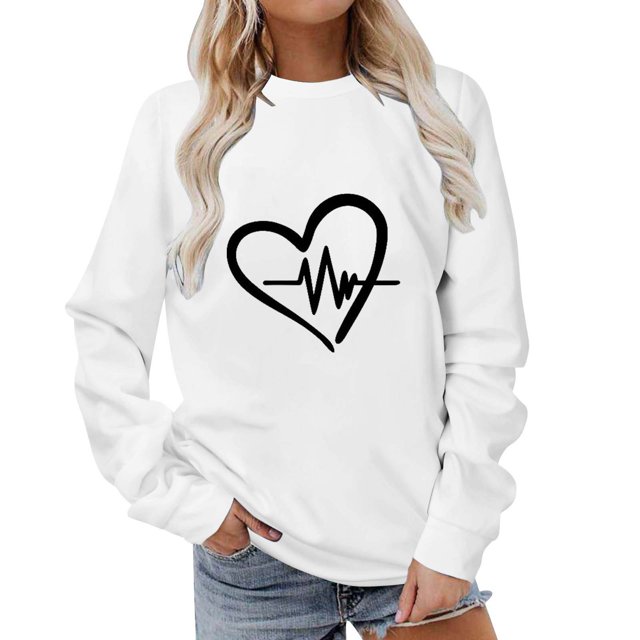 Besolor Womens Fall Spring Sweatshirt Heart Printed Crewneck Long Sleeve Tops Casual Loose Plus Size Pullover Blouse