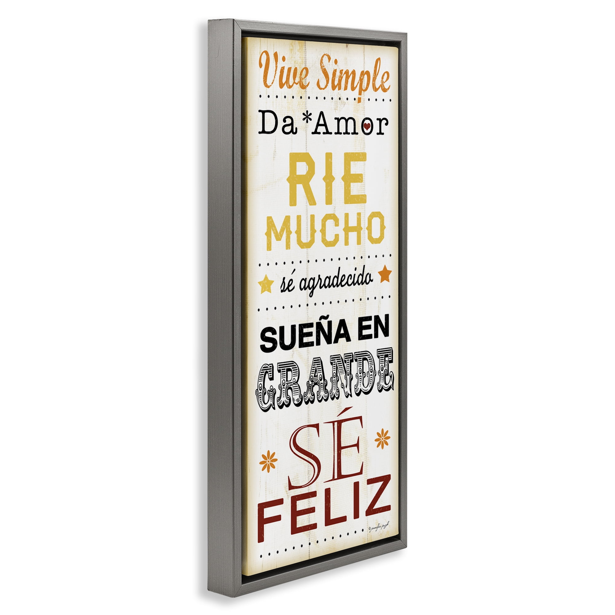 Stupell Industries Vive Simple Ríe Mucho Inspirational Quotes & Sayings Painting Gray Floater Framed Art Print Wall Art, 11 x 25