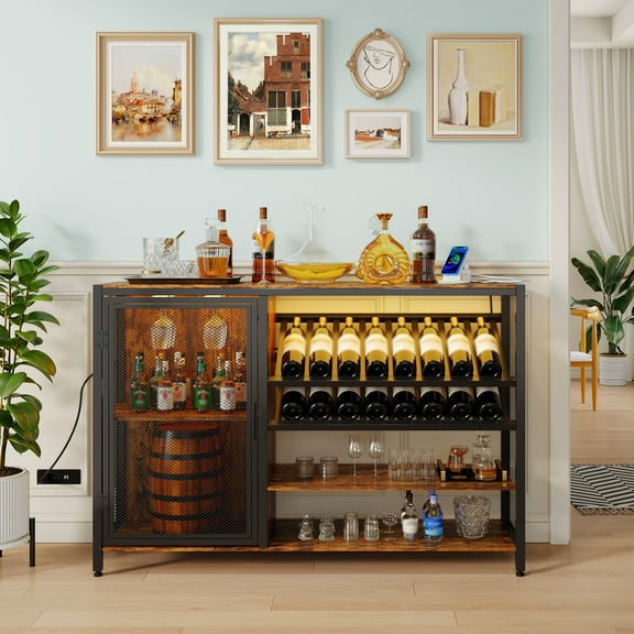 Industrial Coffee Bar Cabinet Farmhouse Wine Bar Cabinet with Charging Station, 47.2" Sideboard Buffet