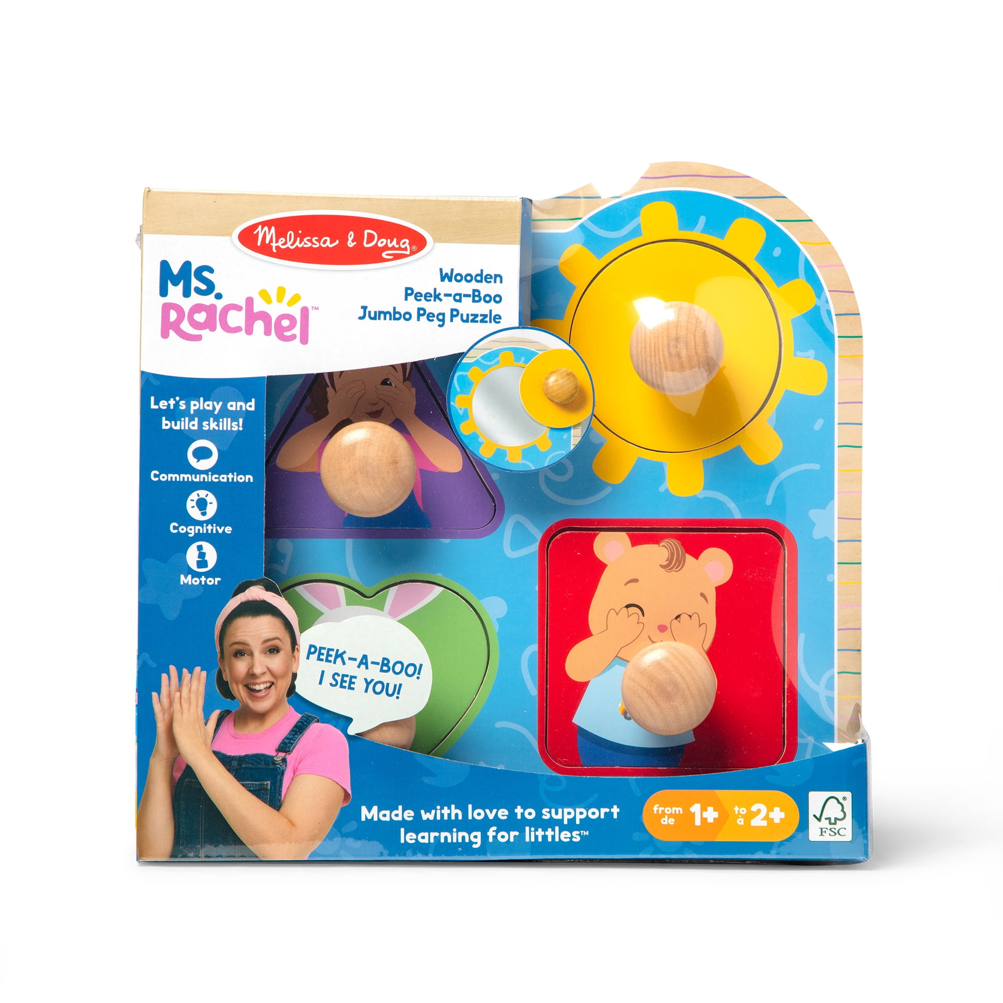 Melissa & Doug® Ms. Rachel™ Wooden Peek-a-Boo Jumbo Peg Puzzle, 4-Piece with Mirror, Toddler Toys Ages 1+ Years