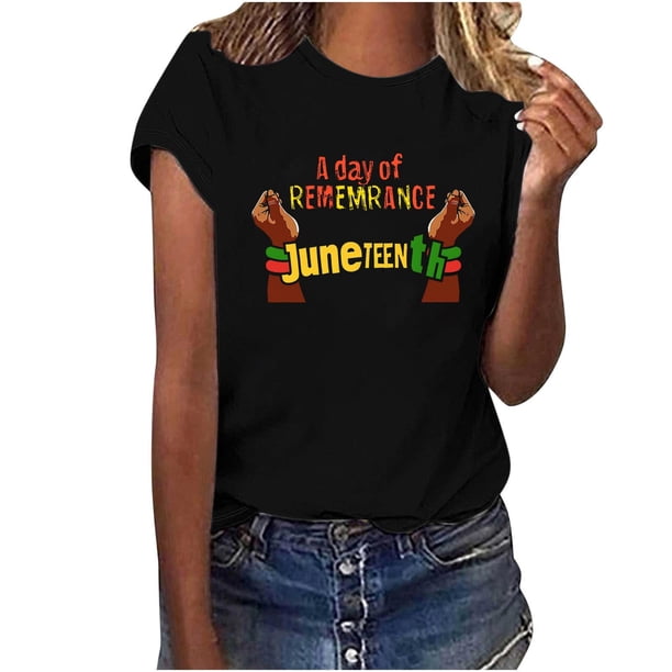 Tops de Manga Corta para las Mujeres de Ajuste Suelto, Día de la Independencia Negro Impreso, Cuello Redondo Suelto Superior
