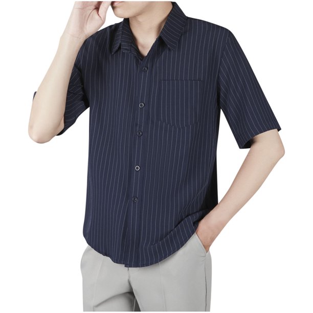 Camisa de Manga Corta de los Hombres con Botón, Raya Casual de Verano, Camisa de Cuello de Bolsillo Delgado