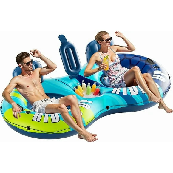 Inflatable Double River Tube, 2 Person 660lb Capacity, Puncture-Resistant 93" Sturdy Heavy Duty River Float, River Raft with Ergonomic Backrest, Cooler & Cup Holders for Family