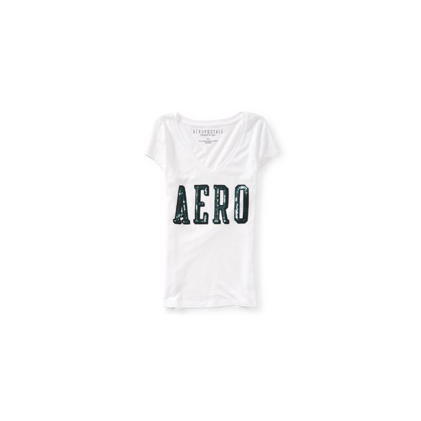 Aeropostale - Playera adornada con logo de lentejuelas para mujer, blanca, pequeña Aeropostale Camiseta adornada
