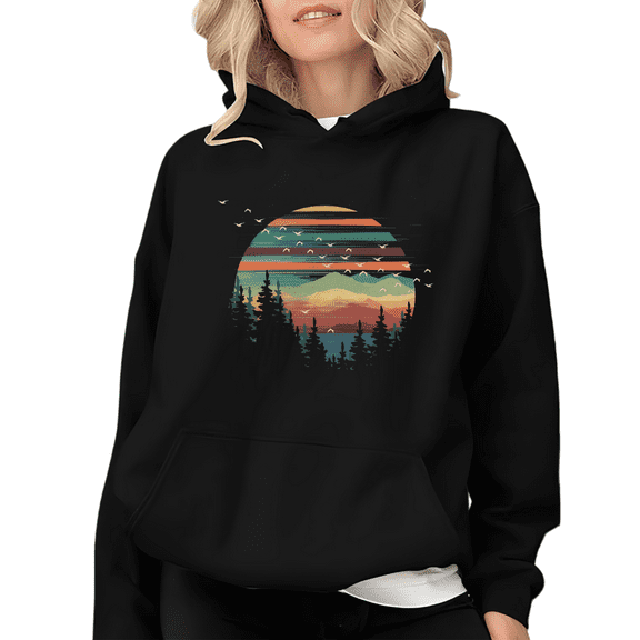 Black Retro Sunset Mountain Graphic Sweatshirt Print hoodie womens S-2XL for Daily Wear Tops