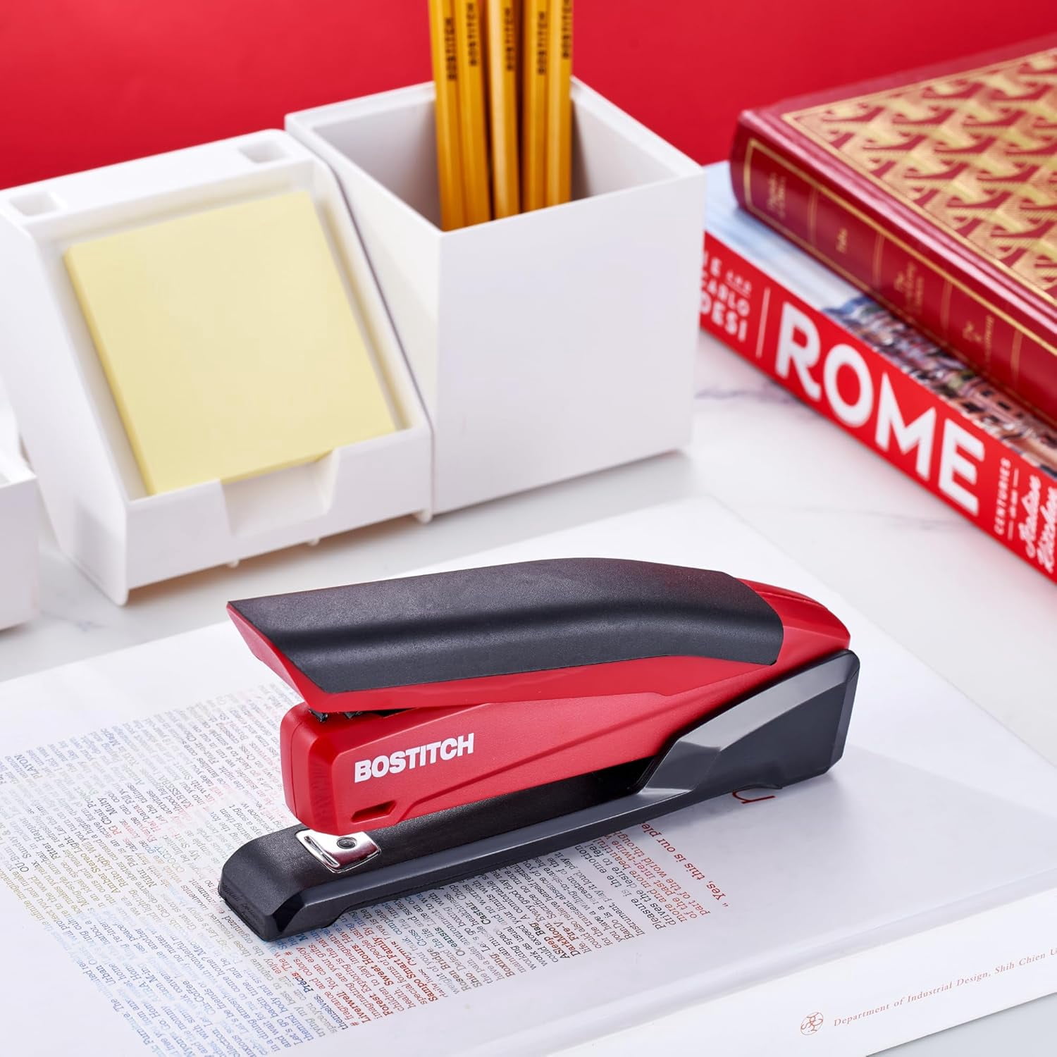 Office Executive 3 in 1 Stapler, Includes 210 Staples and Integrated Staple Remover, One Finger Stapling, No Effort, 20 Sheet Capacity, Spring Powered Stapler, Red