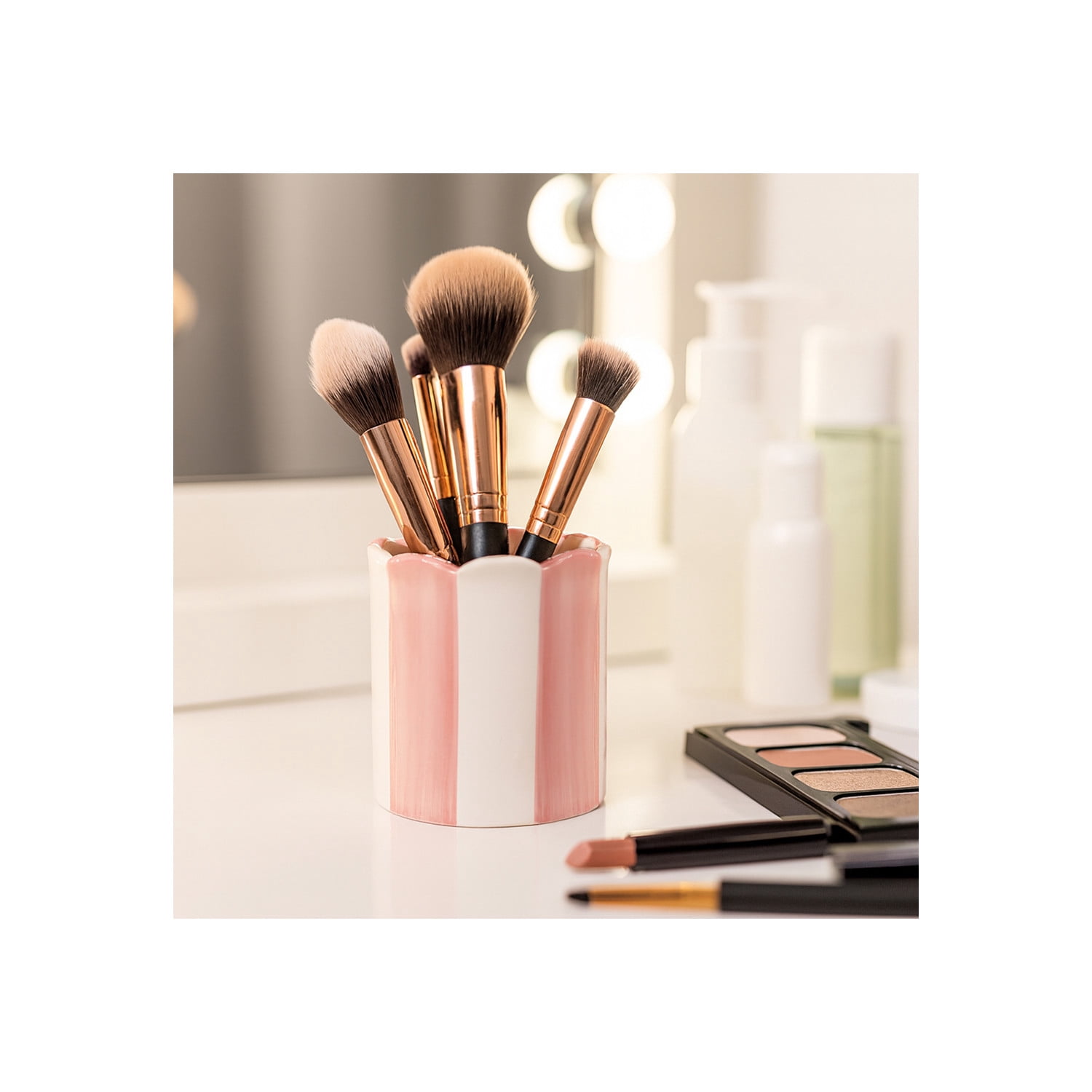 Minimalist Striped Desktop Organizer for Home Decor - Office Accessory for Small Desk, Workspace, or Storage Decor - Decorative Desk Organizer for Bedroom and Bathroom Decor - 4", Pink & Ivory