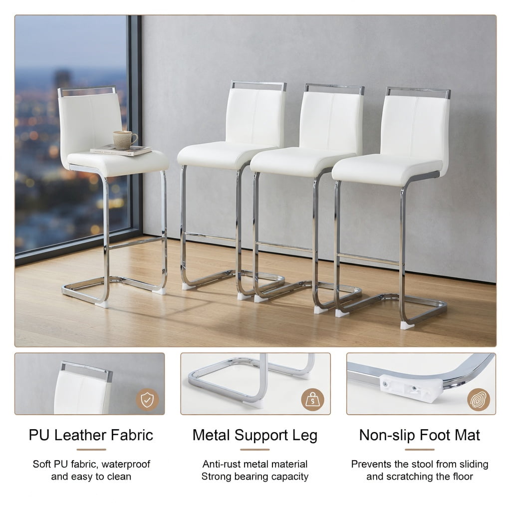Hommoo Modern PU Leather Bar Stools with Silver C-Shaped Metal Legs, 42.5 in Tall Counter Height Chairs for Kitchen, Dining Room, Home Bar & Patio, White