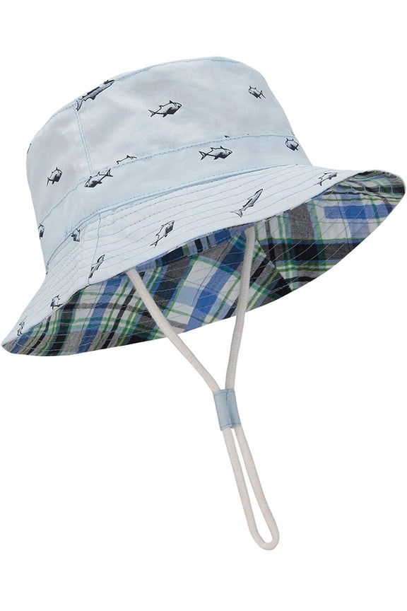 Baby Sun Hat UPF 50+ UV Protection Summer Toddler Bucket Hat with Wide Brim Graphic Print for Boys Girls Fish Blue 6-12 Months