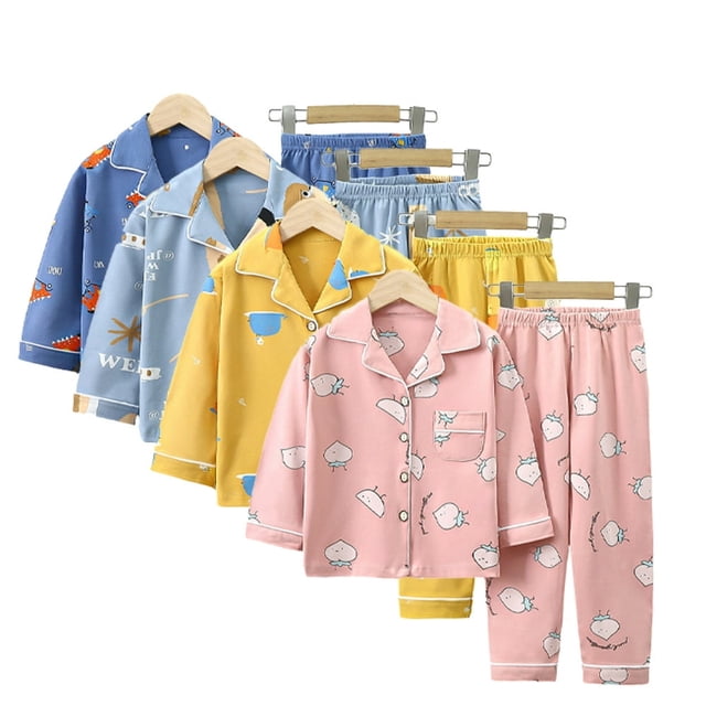 Ensemble de Pyjama en Coton pour Tout-Petits Filles Garçons, 2 Pcs, Chemise de Pyjama Douce à Boutons avec Dessin Animé, Haut + Bas, Pantalon, Tenue de Nuit pour Enfants 1-10 Ans