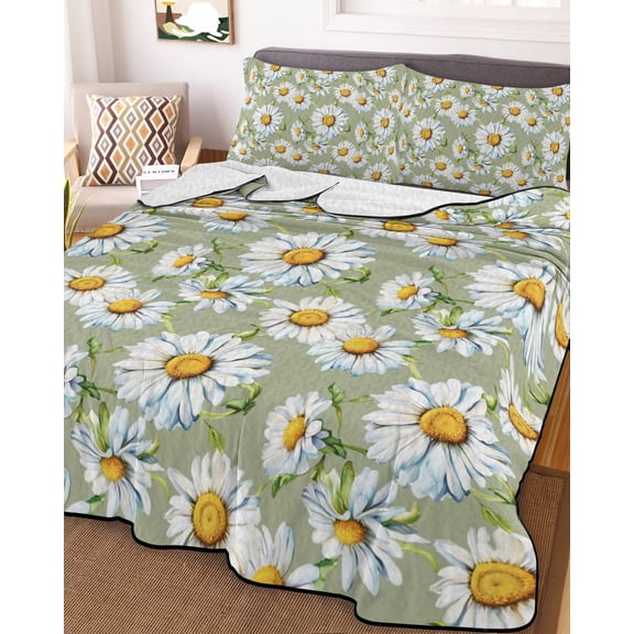 White Daisy King Size Down Alternative Comforter, Lightweight Comforter Quilt Bedding Set with Pillow Shams Sage Green Botanical Flowers Floral Country All Seasons Bed Comforter Duvet Insert 96"x106"