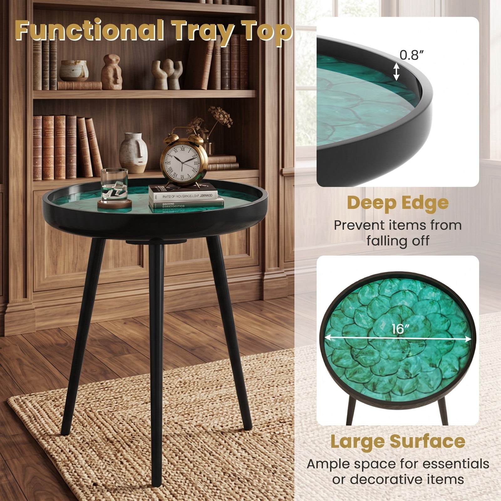Furnibear 16 Inch Mid-Century Modern End Table, Handmade Sea Shell Accent Side Table with Epoxy Resin Waterproof Tray Top and Mahogany Wood Legs for Living Room, Green