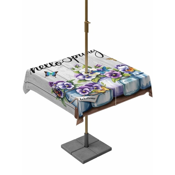 Outdoor Tablecloths with Umbrella Hole & Zipper, Hello Spring 54x54 Inch Square Tablecloths, Pastoral Purple Bottle Floral Gray Wooden Waterproof Table Cloth, Patio/Pool/Picnic Table Covers