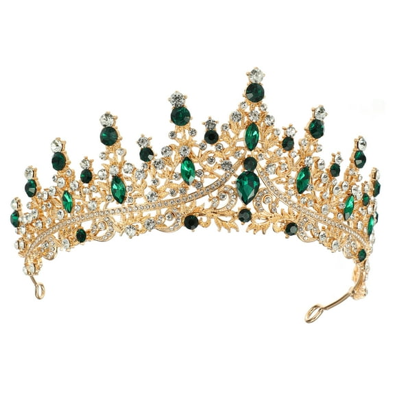 Women Faux Crystal Queen Crowns Tiara Princess Rhinestone Tiaras Party Cosplay Gold Tone Green