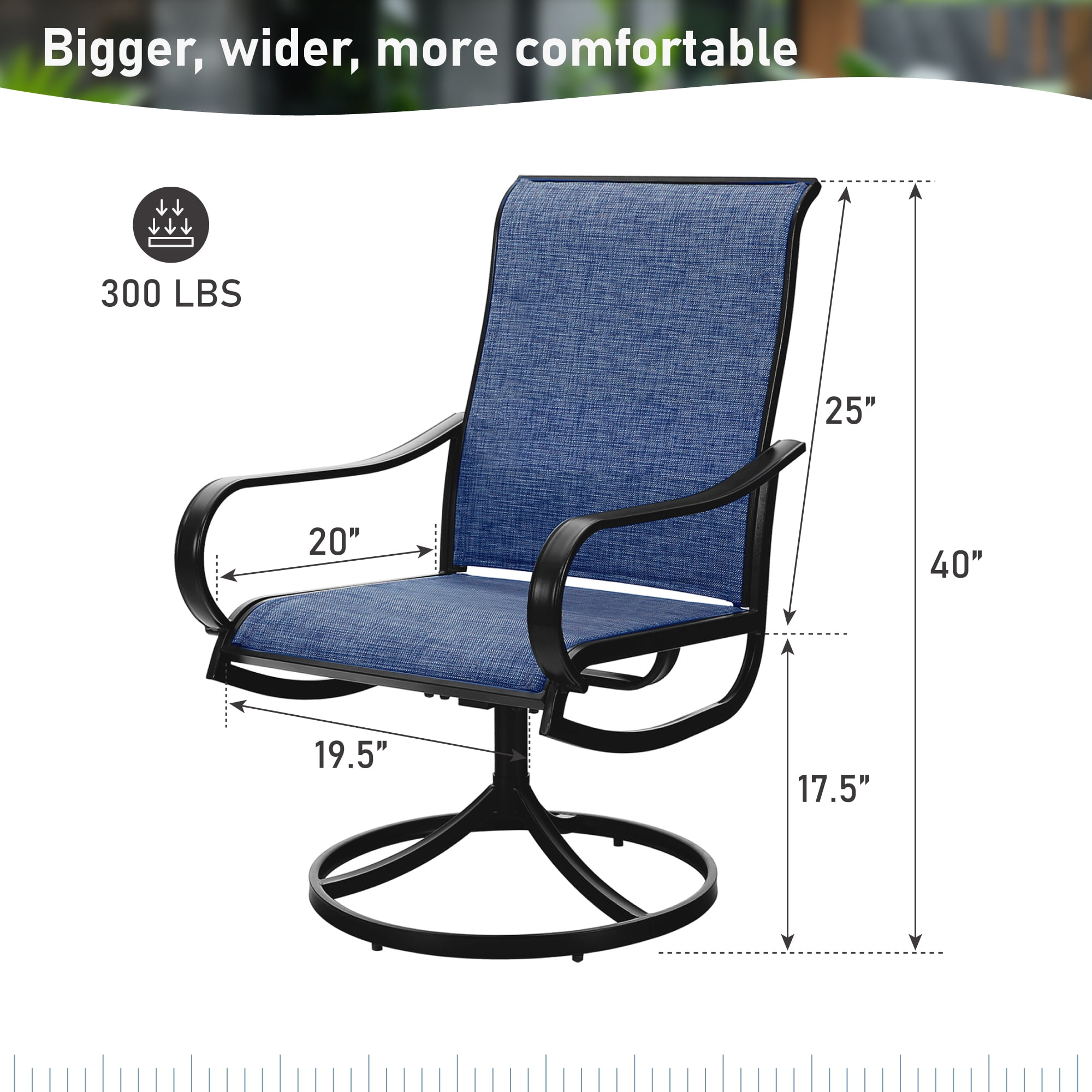 SUMMIT LIVING Outdoor Patio Dining Chairs Set of 2, 2-Piece Textilene Swivel Patio Chairs, Black & Blue