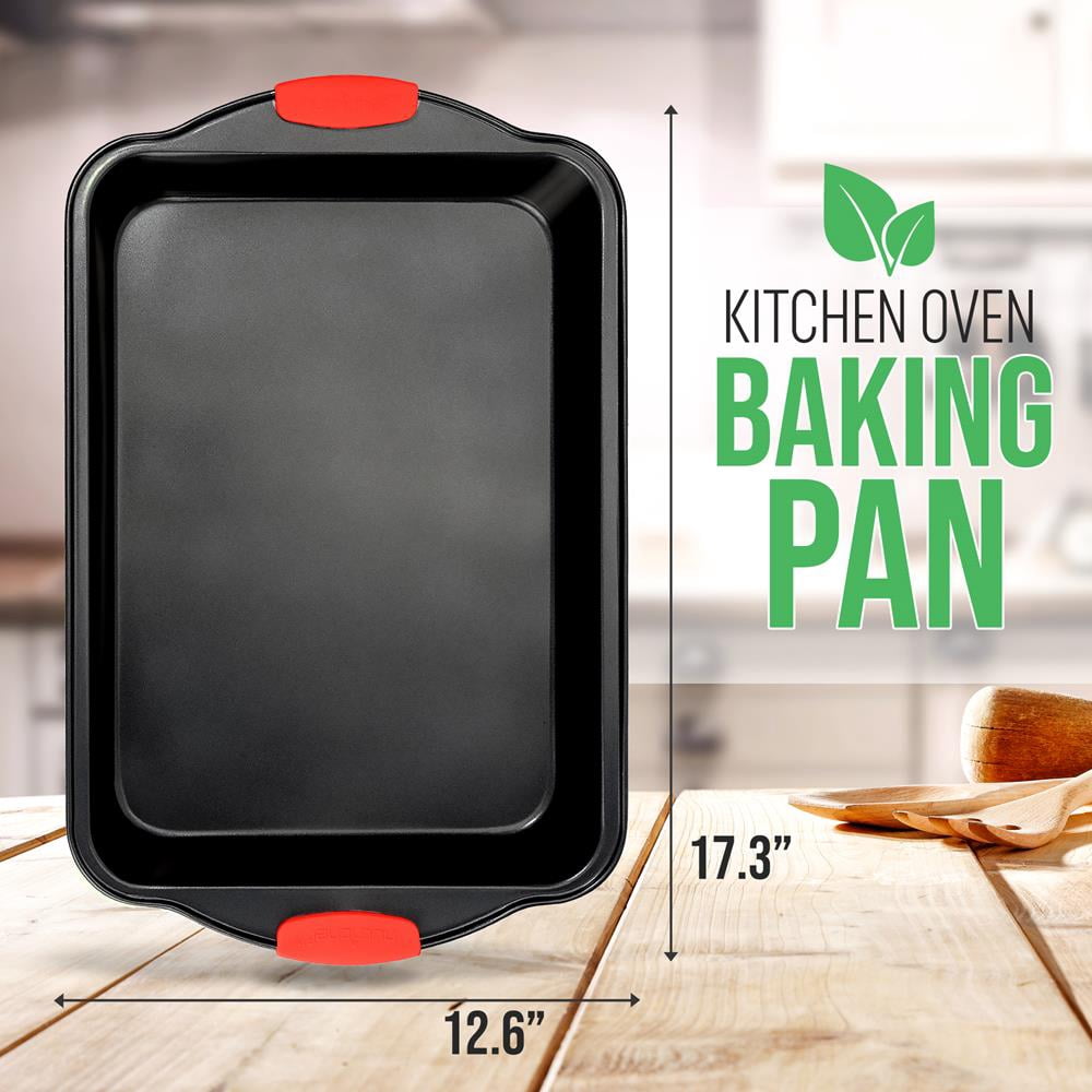 NutriChef 17” Non-Stick Baking Pan, Black Carbon Steel Bake Pan with Red Silicone Handles, (Black)