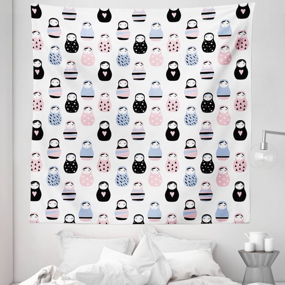 Minimalist Tapestry, Cartoonish Illustrated Pattern of a Traditional Colorful Toy Matryoshka, Fabric Wall Hanging Decor for Bedroom Living Room Dorm, 5 Sizes, Multicolor, by Ambesonne