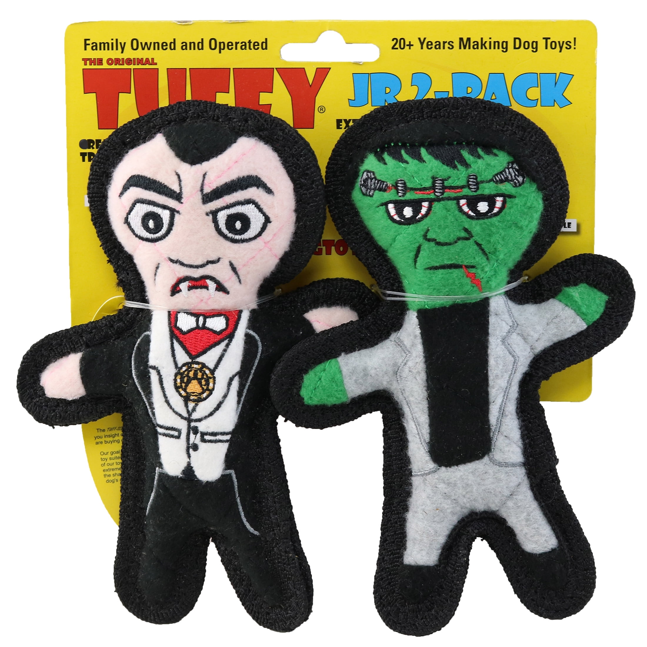 TUFFY Jr Holiday Dracula and Frankenstein Durable Plush Squeaky Dog Toy, 2-Pack