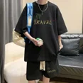 thumbnail image 3 of Chándal informal de moda de gran tamaño de verano, traje holgado para correr con diseño de gofre, camiseta holgada de manga corta y pantalones cortos deportivos, conjunto de 2 piezas para hombre, 3 of 5