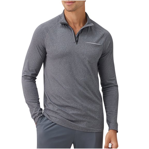 VSSSJ Mens Muscle Sports Shirts Quarter Zipper Front Long Sleeve Mock Neck Regular Fit Casual Lightweight Breathable Athletic Gym Tops Gray M
