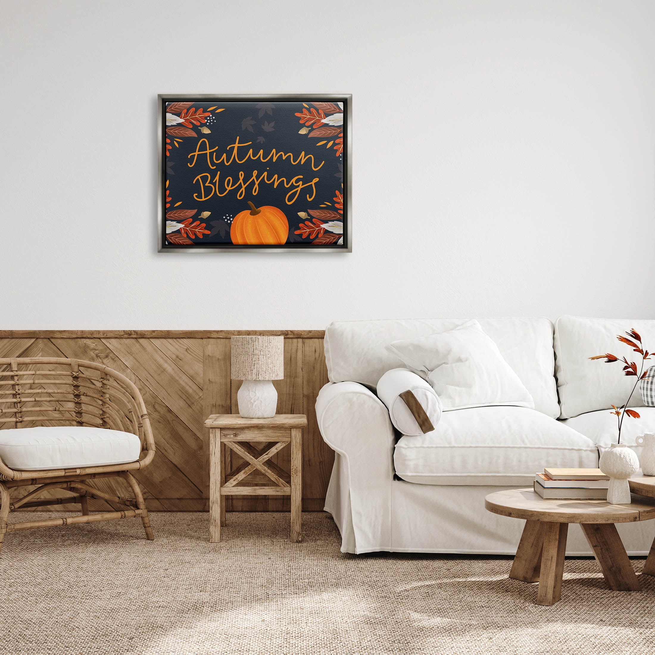Autumn Blessings Fall Leaves Pumpkin Holiday Graphic Art Luster Gray Framed Art Print Wall Art