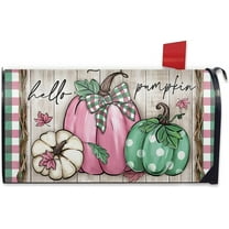 Fall Hello Pumpkin Welcome Mailbox Cover Magnetic Standard Size 21" x 19", Pink Autumn Thanksgiving Decorative Post Letter Box Wrap Decor, Plaid Farmhouse Rustic Garden Yard Outdoor Decoration