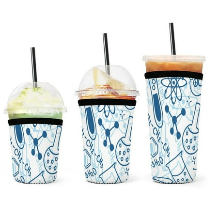 

Set of 3 Packs Reusable Hot And Iced Coffee Cup Sleeve Neoprene Tumbler Sleeve Chemistry Hand Drawn Doodles(16 24 32oz)