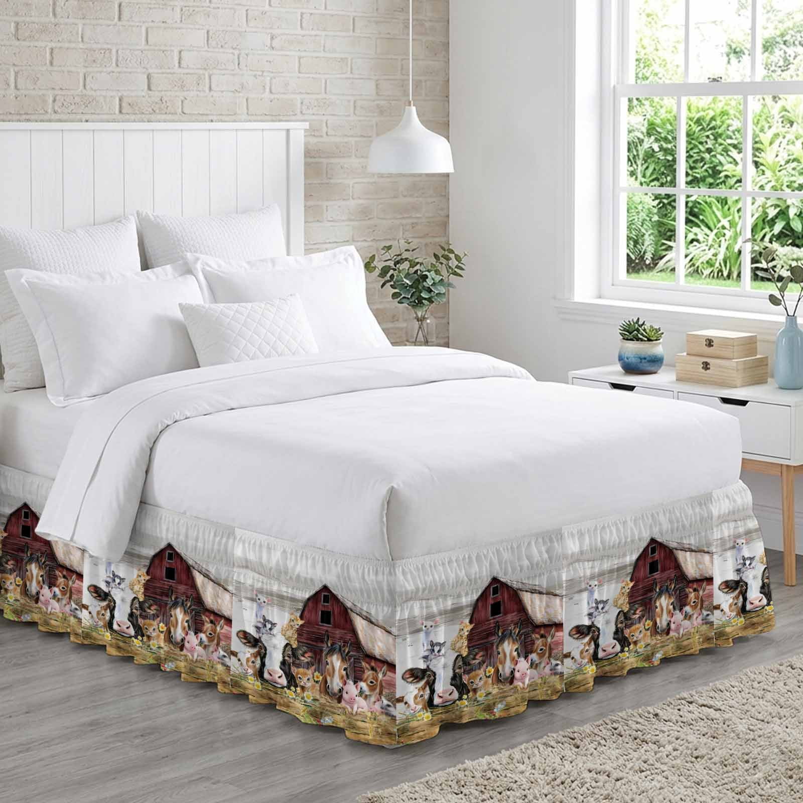 Farmhouse Animals Bed Skirt Queen Size, Cow Pig in Fence Retro Wood Barn Wrap Around Bed Skirting with Adjustable Elastic Strap, Dust Ruffle Pleated Bedskirts 16 Inch Drop for Bedroom Queen Beds