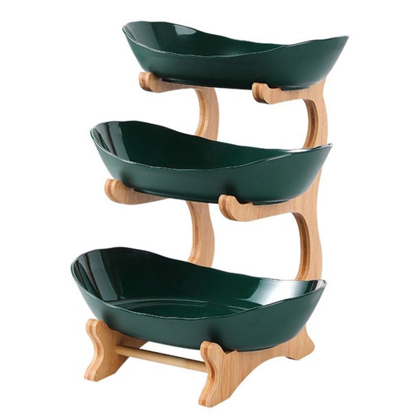 Cesta plástica del frutero for la encimera de la cocina, tenedor de fruta con el soporte de bambú