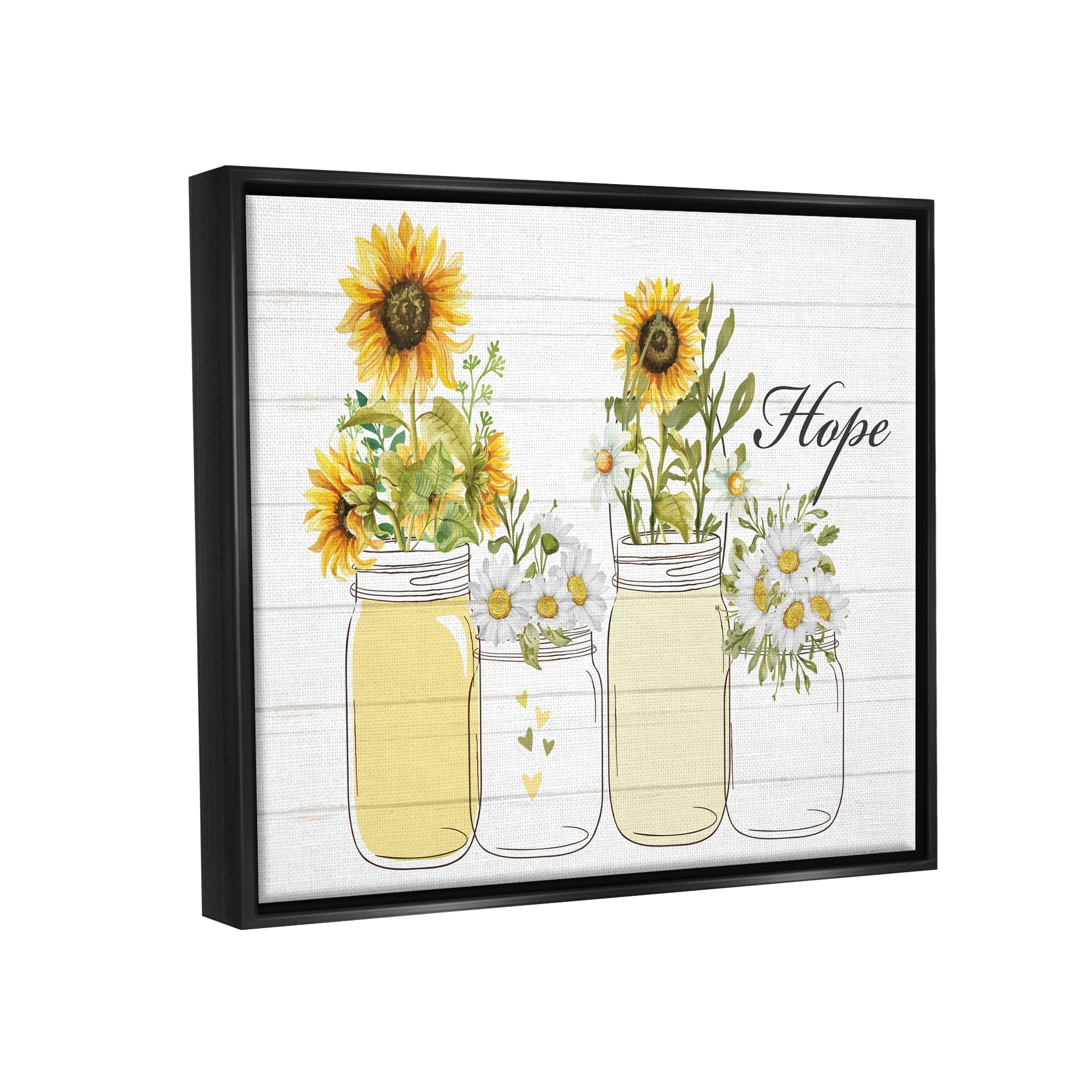 Stupell Industries Hope Script Sunflower Jars Rustic Country Flowers Graphic Art Jet Black Floating Framed Canvas Print Wall Art, Design by Kim Allen