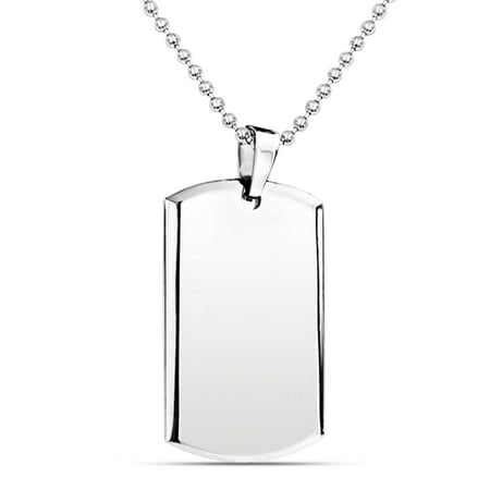 Engravable Dog Tag Pendant - Dog Tag Pendant Necklace For Men Engravable Beveled Edge Polished Silver Tone Stainless Steel Bead Ball Chain 24 inch