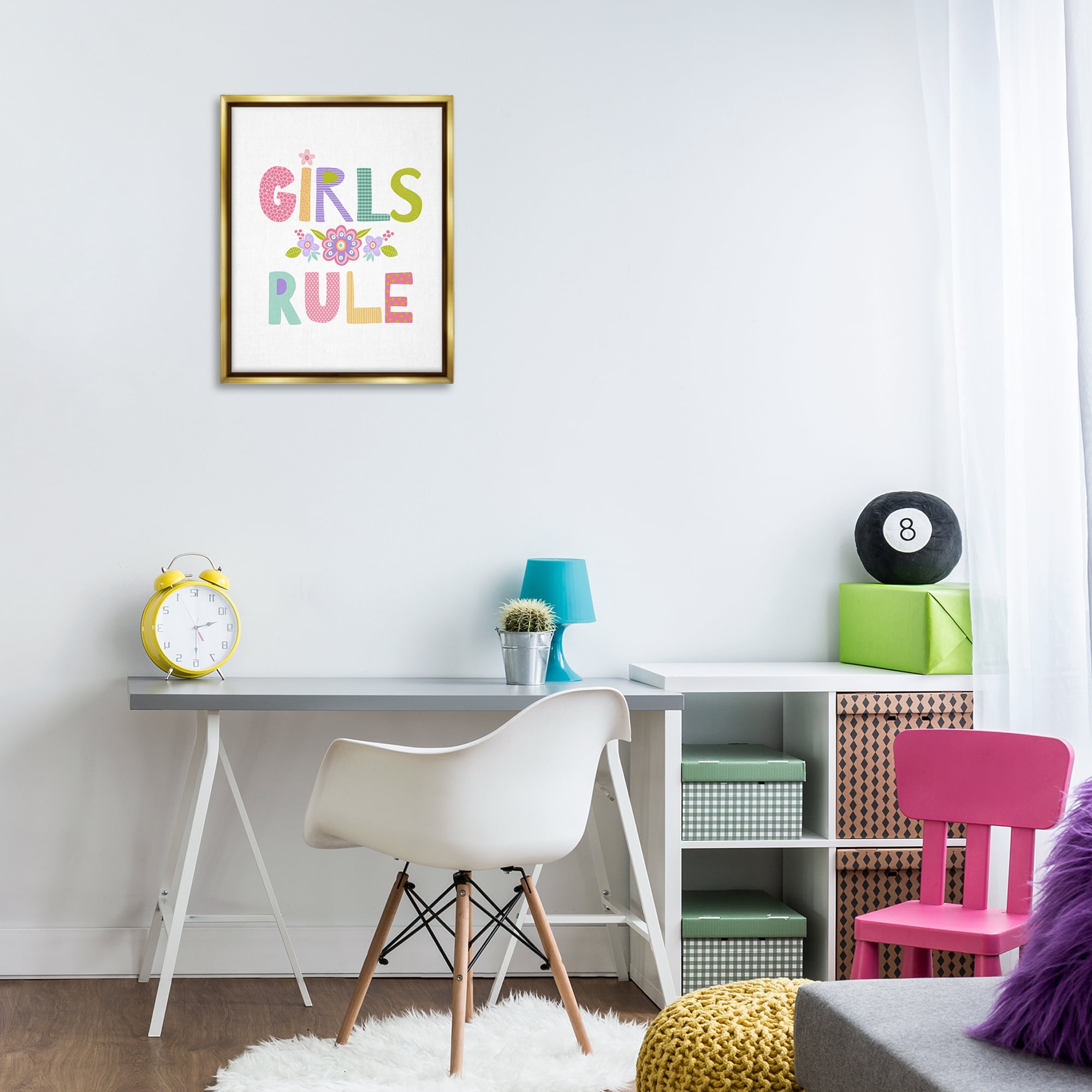 Stupell Industries Girls Rule with Flowers Botanical & Floral Painting Gold Floater Framed Art Print Wall Art, 17 x 21