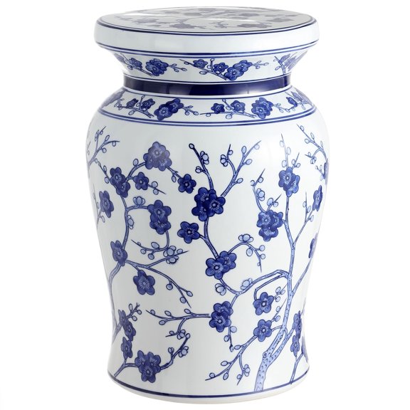 JONATHAN Y Cherry Blossom 17.7" Ceramic Garden Stool, White/Blue