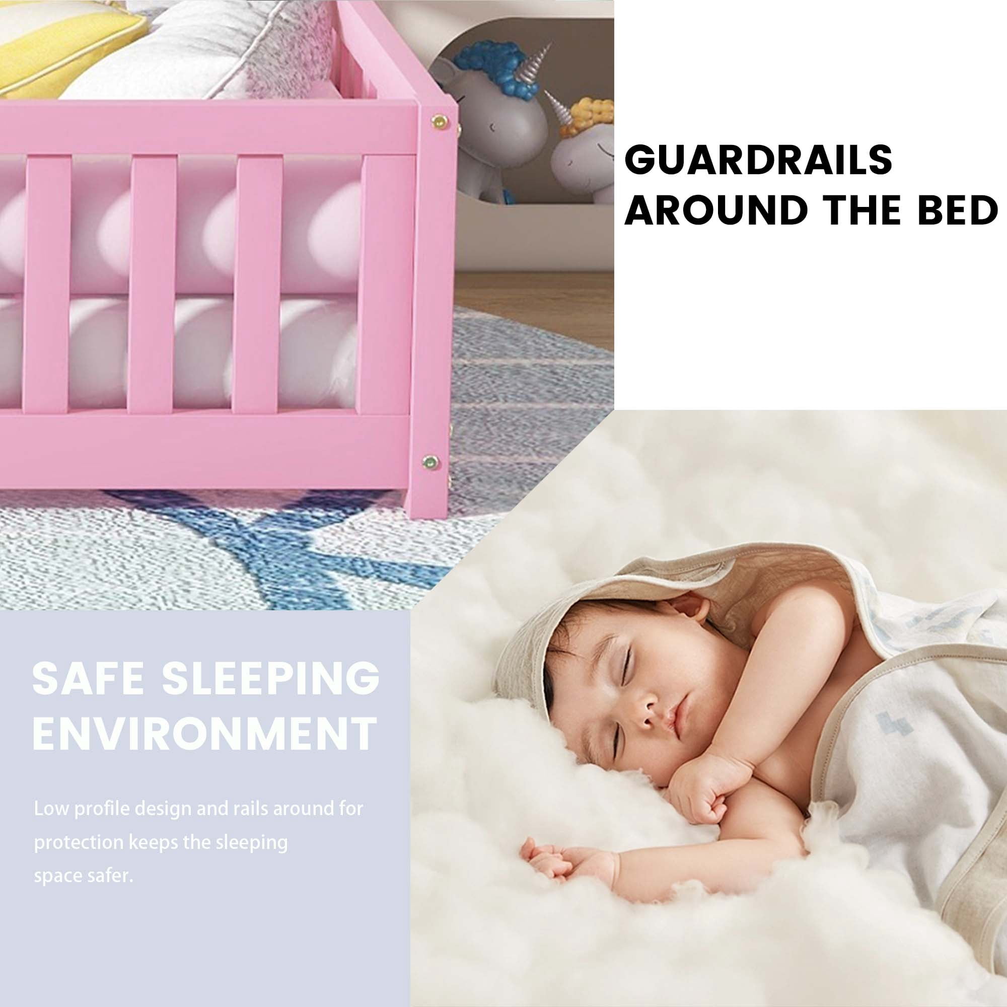 Miniyam Queen Size Toddler Floor Bed with with Safety Guardrails, Pink