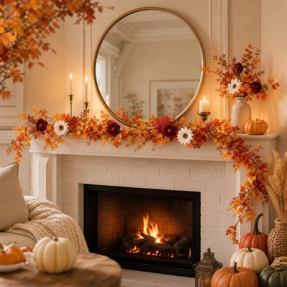 Artificial Fall Garland with Sunflower Rose Eucalyptus 200cm, Thanksgiving Fireplace Mantel Table Stair Decor, Flexible Shapeable Twig, Fabric Blooms Plastic Leaves, Indoor Outdoor Home