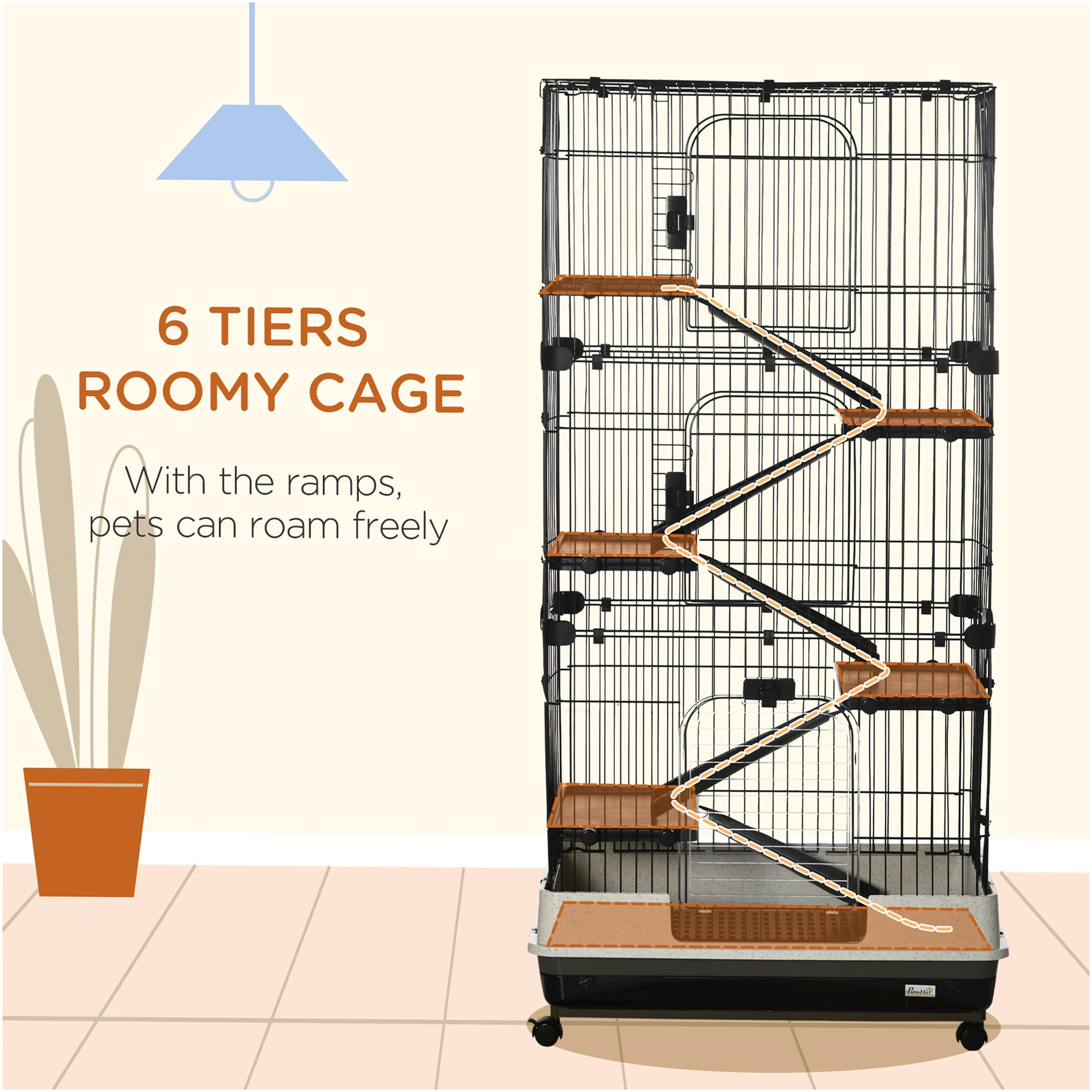 JERFIT 6-Tier Small Animal Cage with Wheels, Black Steel Ferret Hutch for Chinchilla Bunny Rabbit with Ramps, Platforms & Removable Tray