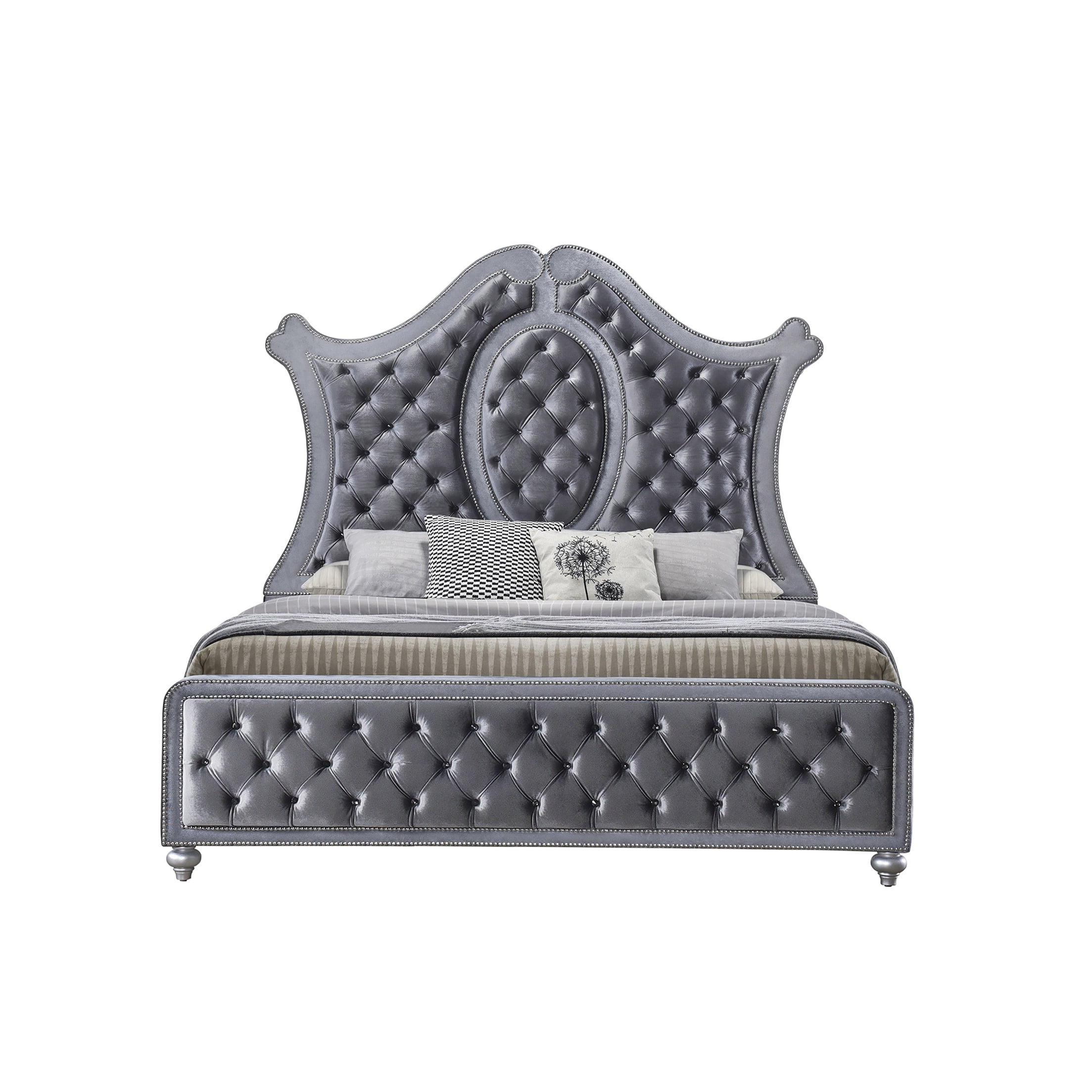 Modern Upholstered Queen Bed Frame, Gray Fabric Platform Bed with Diamond Tufted Headboard and Nailhead Accents