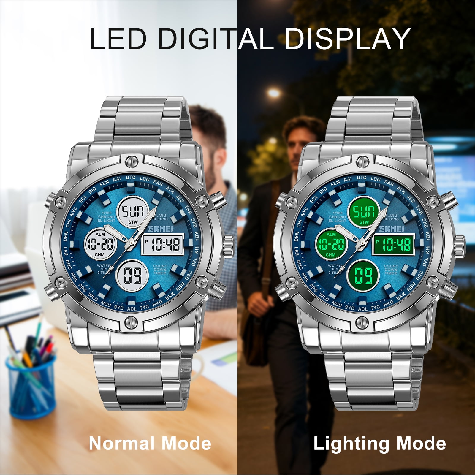 SKMEI Mens Wrist Watch, Waterproof Military Analog Digital Watches with LED Multi Time Chronograph, Stainless Steel Business Quartz Watches for Men