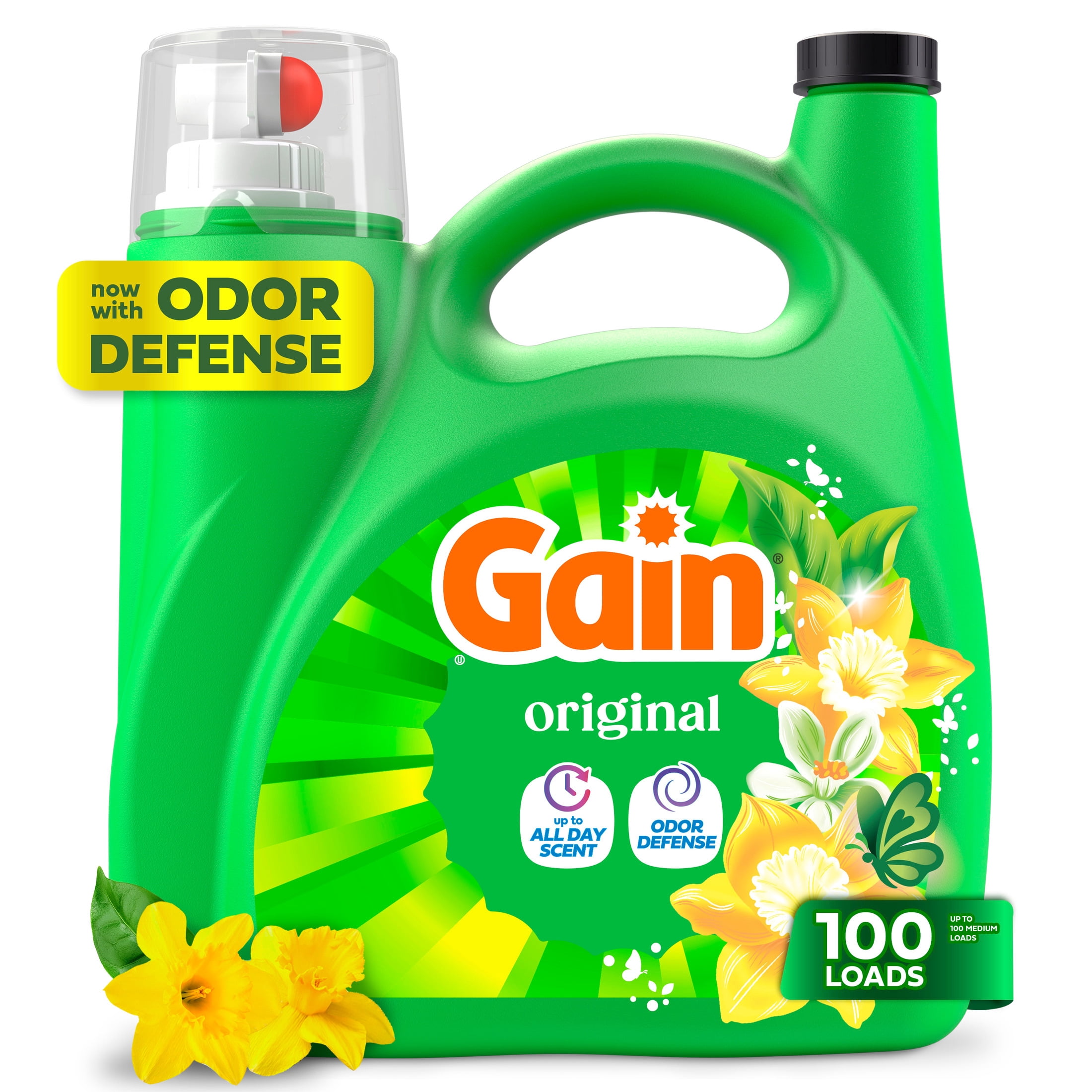 (4 pack) Gain Laundry Detergent Liquid, Now with Odor Defense, Original Scent, 132 fl oz, 100 Loads
