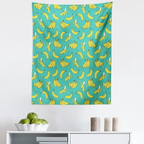 Banana Tapestry, Hawaiian Fruit Tropical Ingredient Natural Doodle Seamless Illustration, Fabric Wall Hanging Decor for Bedroom Living Room Dorm, 5 Sizes, Dark Seafoam Mustard, by Ambesonne