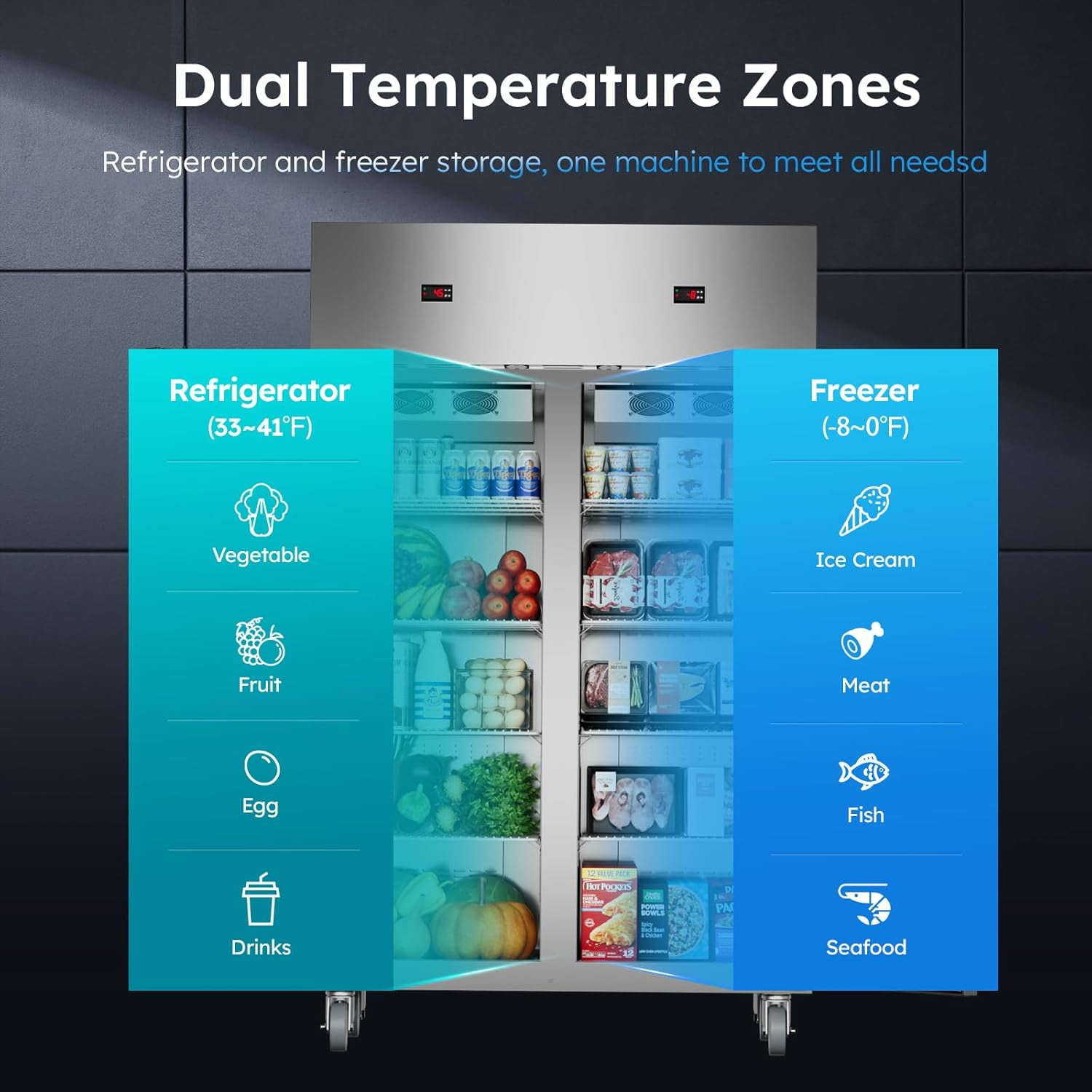 Commercial Reach-In Freezer Refrigerator Combo, 38 Cu.ft 2-Door Stainless Steel, Auto Defrost with Wheels for Restaurant, Bar, Shop