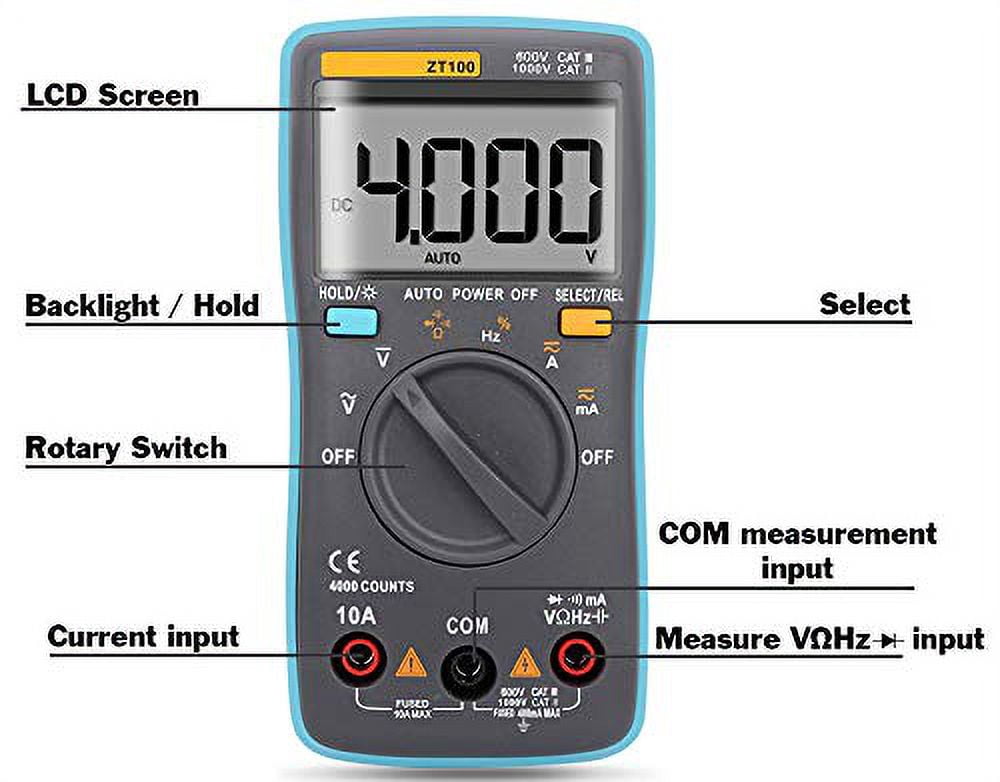 Auto-Ranging Digital Multimeter with 4000 Counts and Backlit LCD Display, Measures AC/DC Voltage and Current, Resistance, Capacitance, Frequency, Duty Cycle, Diode, Continuity