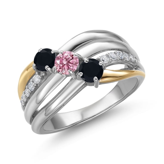 Gem Stone King 925 Silver and 10K Yellow Gold Black Onyx and Pink Lab Grown Diamond Engagement Ring for Women | 0.84 Cttw | Round 4MM | December Birthstone | Size 9