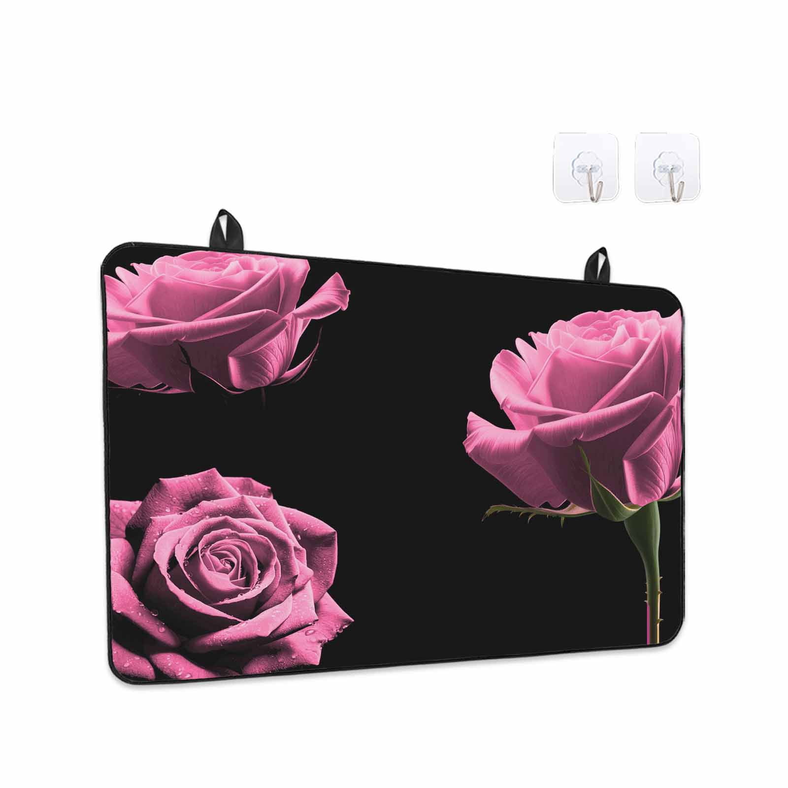 Pink Rose Stove Top Cover for Electric Stove, Heat-proof & Non Slip Glass Top Stove Cover Protector, Vintage Abstract Garden Flower Floral Black Kitchen Flat Cooktop Rubber Mat 24x21 Inches