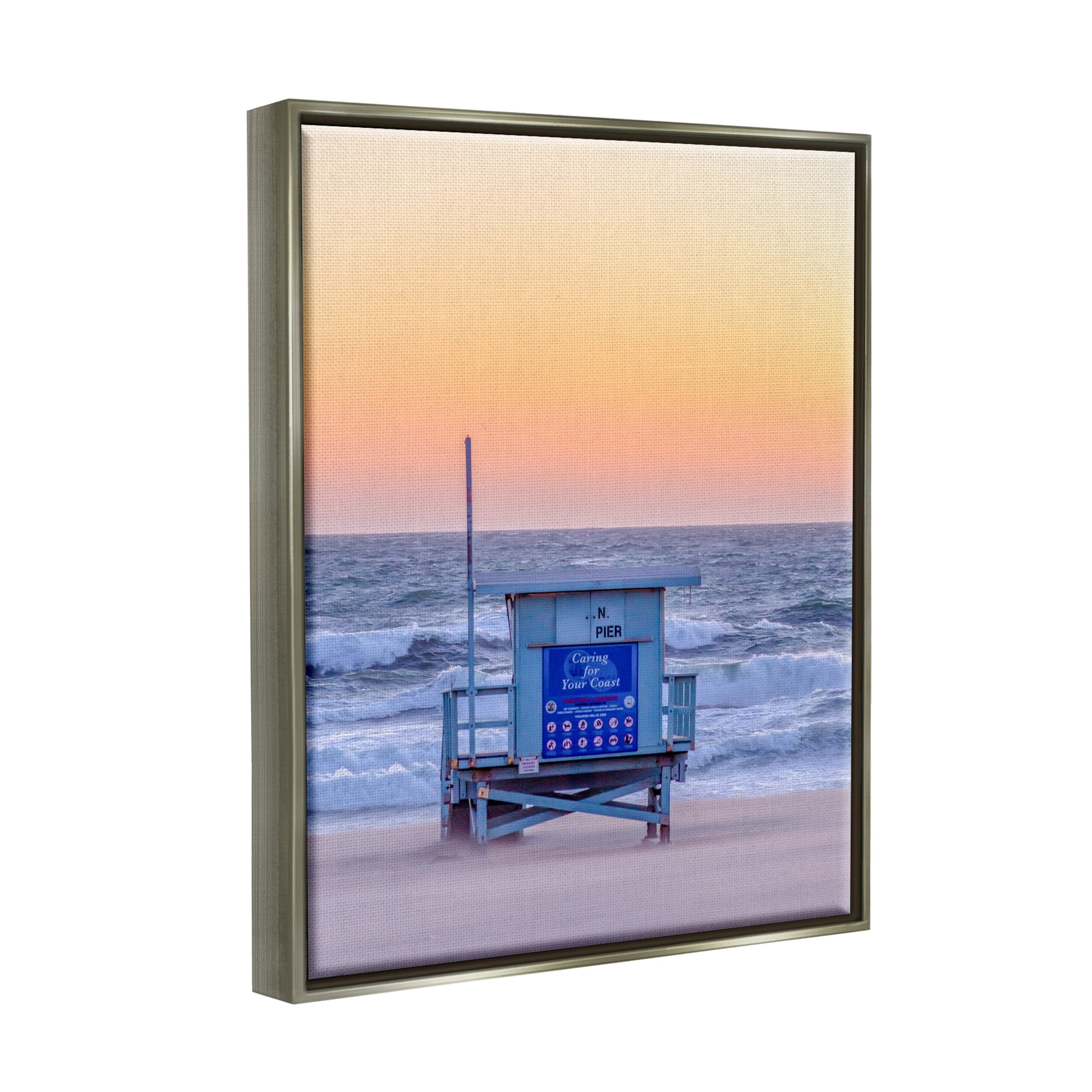 Stupell Industries Tranquil Orange Sunset Beach Hut Ocean Shore Photograph Luster Gray Floating Framed Canvas Print Wall Art, Design by Jeff Poe