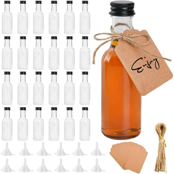 shiyou-24 Pack 50ml Mini Liquor Bottles, Mini Alcohol Bottles Shot Bottles with Lids, Small Plastic Miniature Alcohol Bottles with 12 Funnels, Brush, 24 Tag and Ropes, Reusable Mini Bottles for Wine,