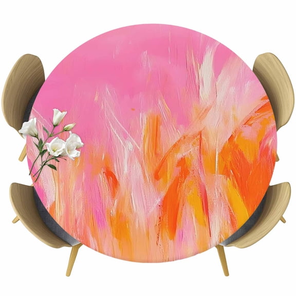 Pink Orange Round Fitted Table Cover Abstract Modern Minimalist Smear Art Waterproof Table Cloth with Elastic Edge Wipeable Tablecloth for Picnic Camping Party Fits 36"-44" Diameter