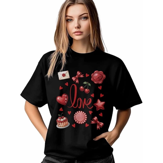 Women's T-Shirt,Short Sleeve Tee Shirts Casual Tops Romantic Valentine's Day Crewneck T Shirt for Women